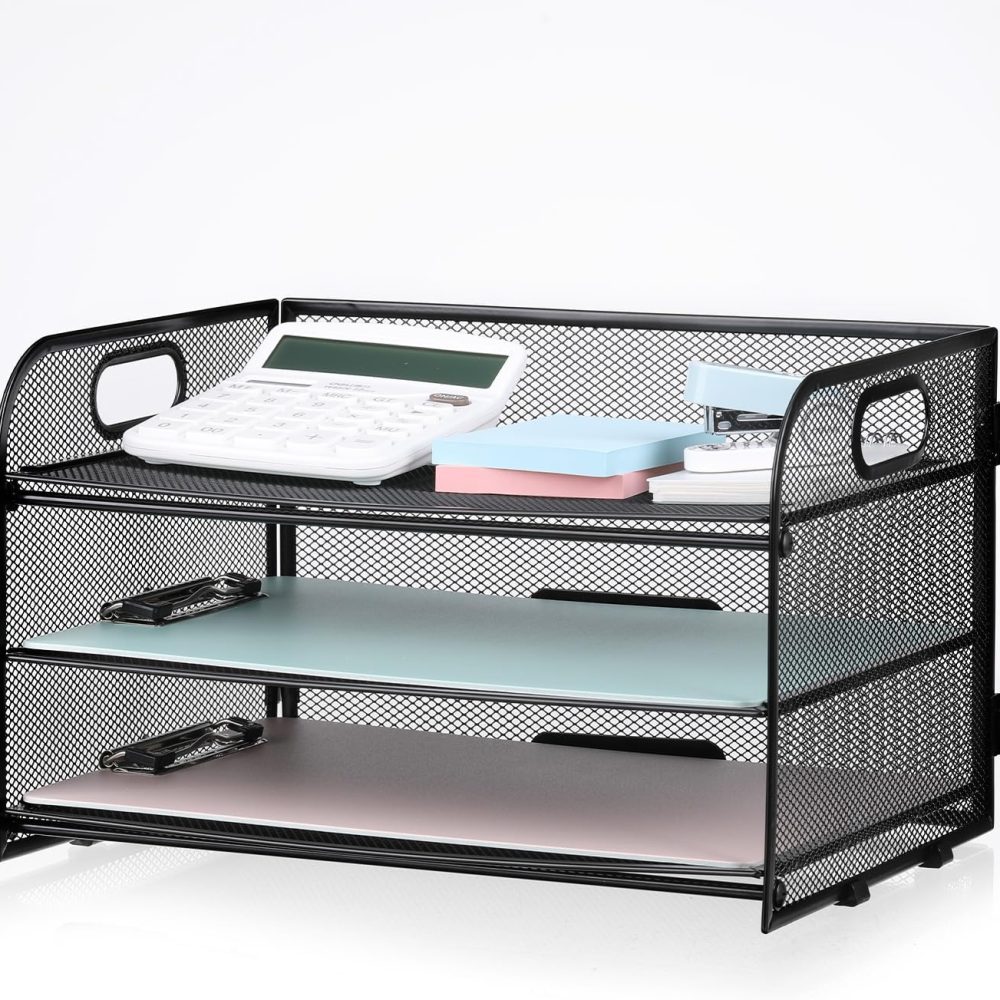 3-Tier Letter Tray Paper Organizer with Handle, Compact Mesh Desk File Organizer for Home Office Supplies Desktop Accessories,Black
