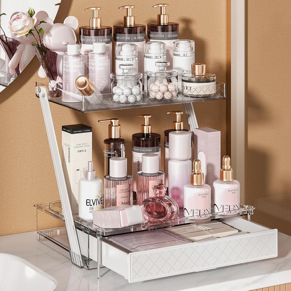 Acrylic Bathroom Counter Skincare Organizers and Storage with Checkered Drawer, 2-Tier Z-Shaped Design Easy Grab Vanity & Bathroom Countertop Storage for Makeup, Perfume, Cosmetics