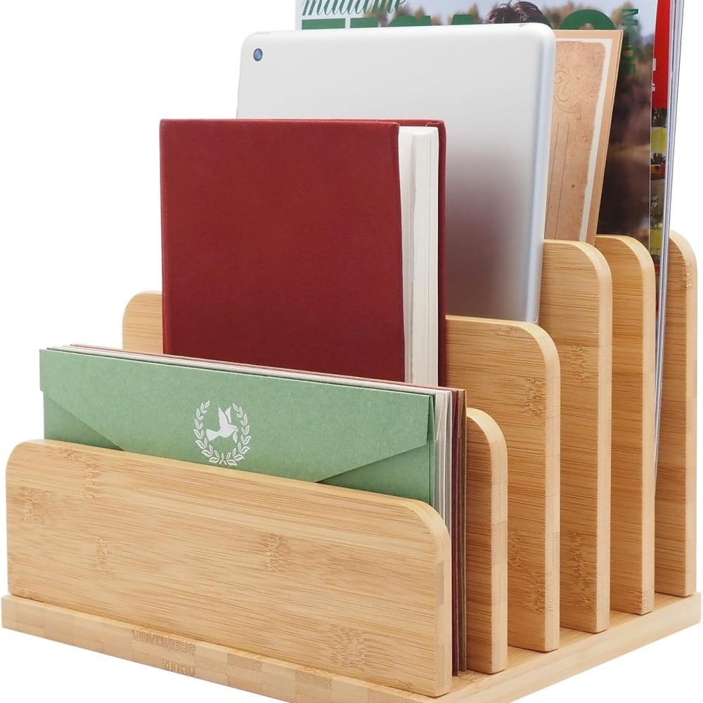 Desk File Mail Organizer Countertop, 5 Slots Bamboo Folder Sorter Organizer Holder for Letter, Envelope, Paper, Bill Filing, Desktop Tray Organizer for Office & Home