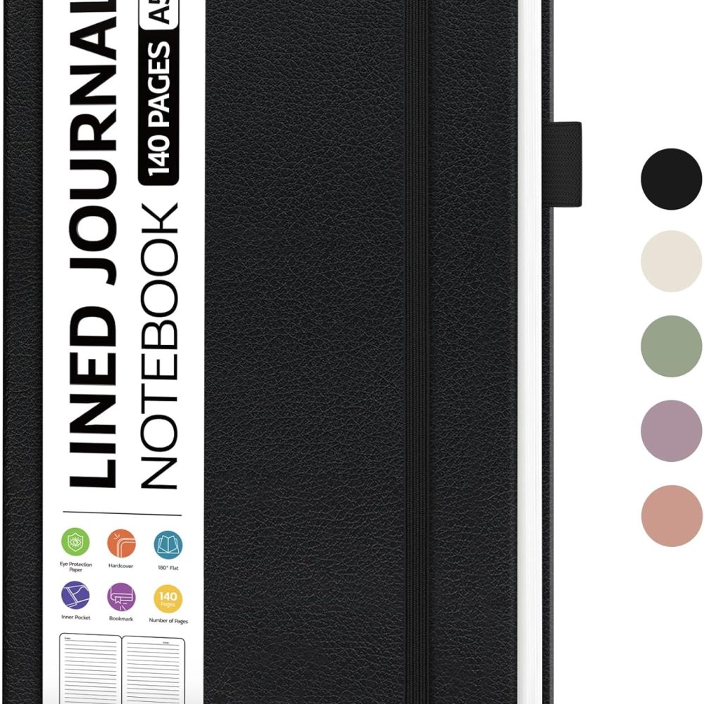 Lined Journal Notebook for Women & Men, 140 Pages, College Ruled Hardcover Journal Notebook for Work, Note Taking, Writing - Black